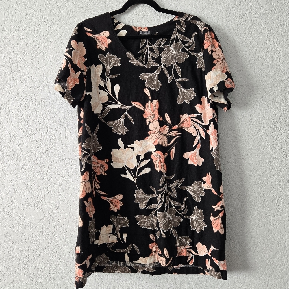 Nicole Miller XXL Black Floral Linen Mini Tee Shirt Dress